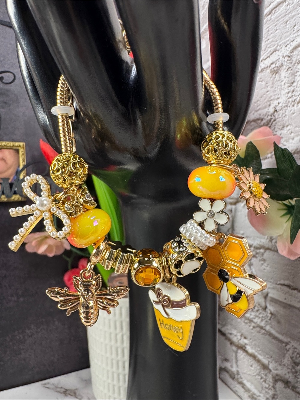 Gold-Tone Honey Bee Charm Bracelet with Yellow Enamel Accents